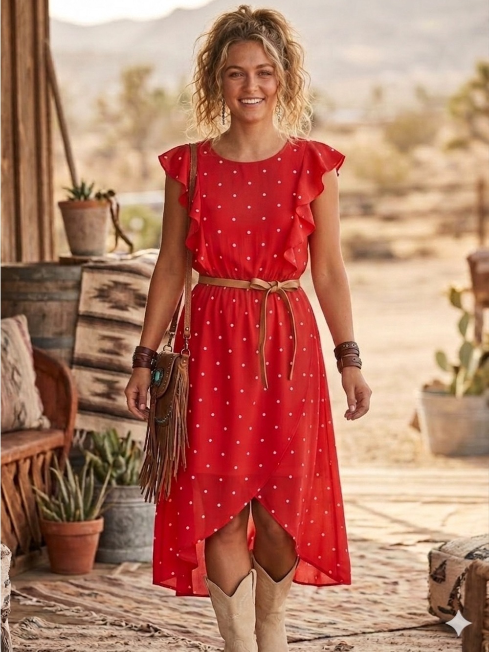 Cottage Core Romantic Ruffle Midi Dress – Red Polka Dot High-Low Cowgirl‎ Dress